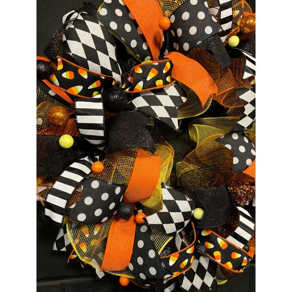Halloween Wreath for Front Door~Black and Orange-Candy Corn~Handmade 22 inch - Picture 7 of 7